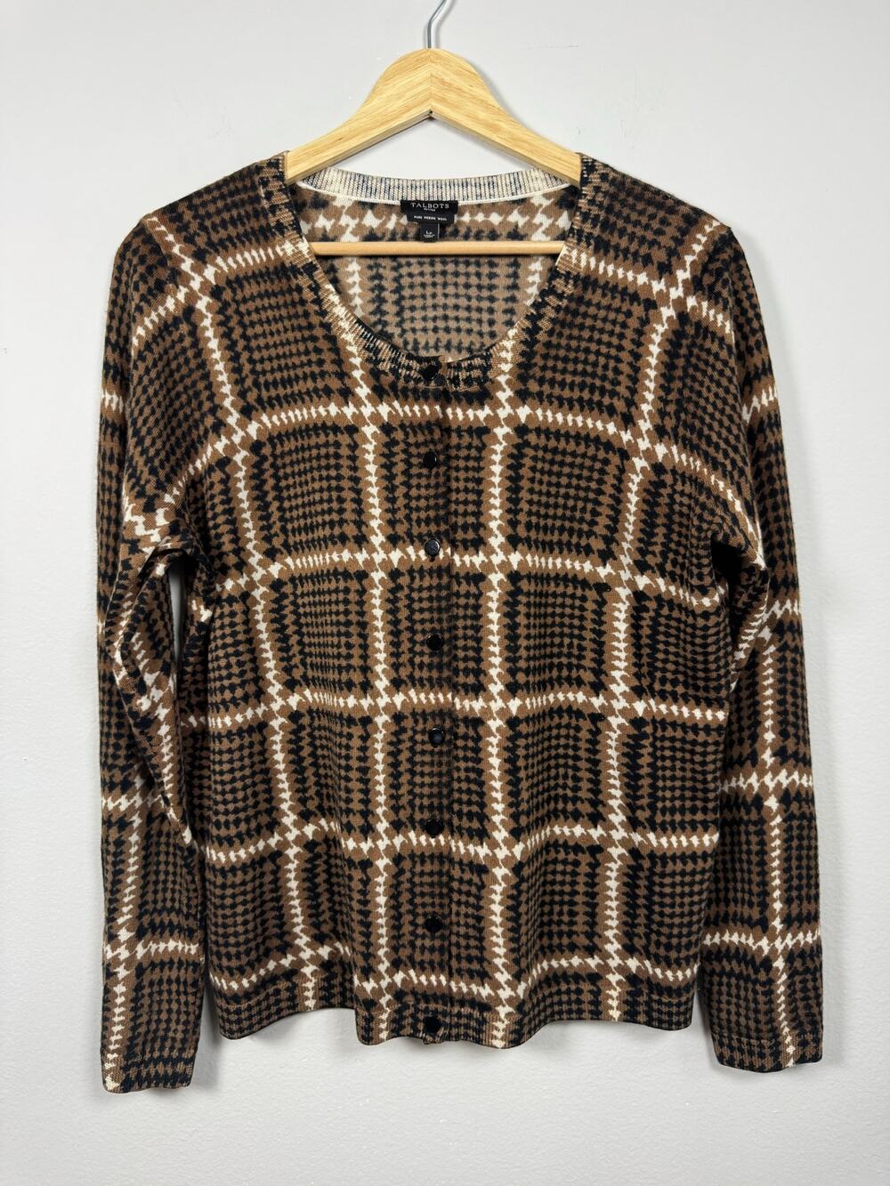 Talbots Women's Cardigan Size Large Petite Brown Merino Wool Plaid Preppy Office